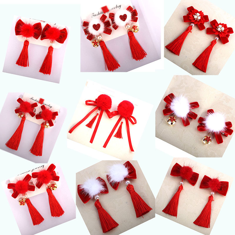 Chinese Style Stage Performance Jewelry Children's New Year Headwear Fur Ball Tassel Festive Hairpin Little Girl's New Year Greeting Hairpin