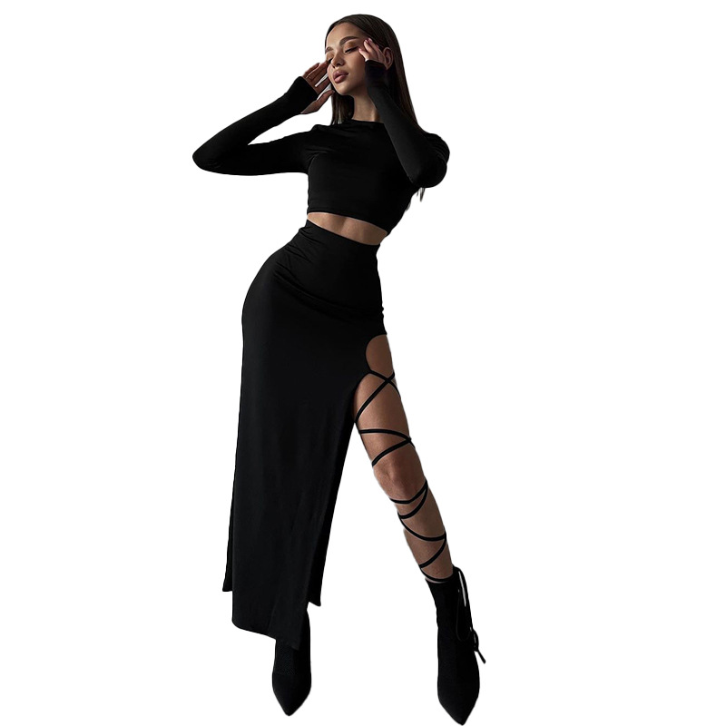 XY23461 Summer Sexy Spice Girl Long-sleeved Short Cropped Top High Waist Strap Split Long Dress for suit Women