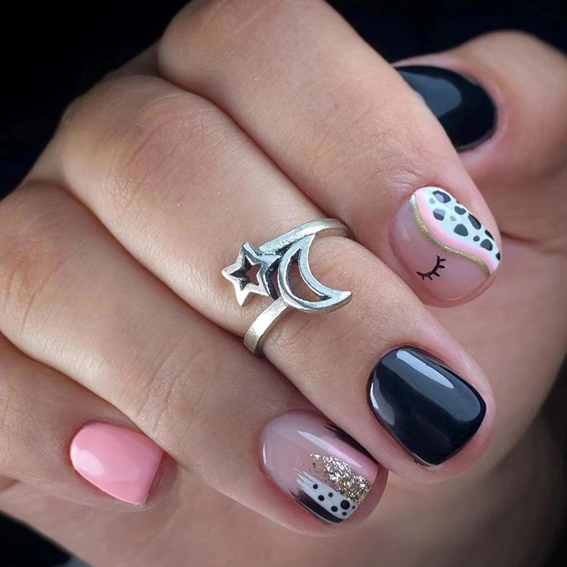 Short Square Solid Color Nail Art Black and White Spot Eyelashes False Nail Wearable Nail Piece Finished Removable Nail Piece - ShopShipShake