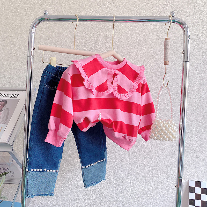 Girls' Autumn Wear Lapel Top Set 2023 New Internet Popular Children's Striped Sweatshirt Flared Pants Baby Two-Piece Set