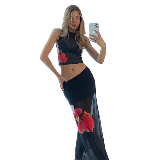 European and American Style 2023 Spring and Summer New Women's Fashion Sleeveless Printed T-shirt Slim Fit Sheath Split Skirt Set
