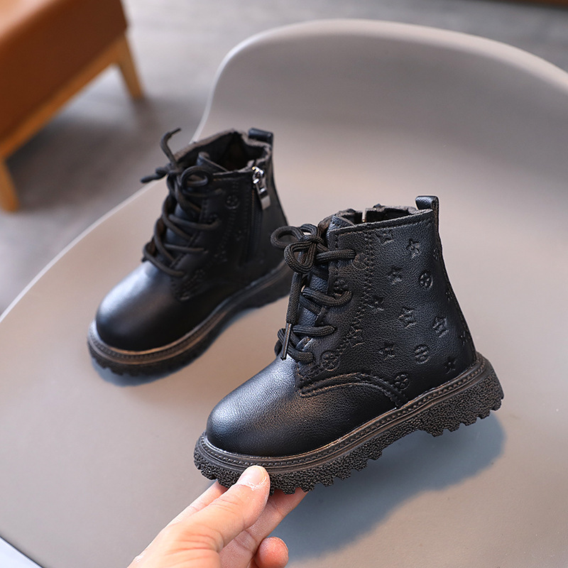 Girls' patent leather glossy Martin boots 2023 autumn and winter New Two-cotton star Delu children Princess boots fleece-lined cotton boots