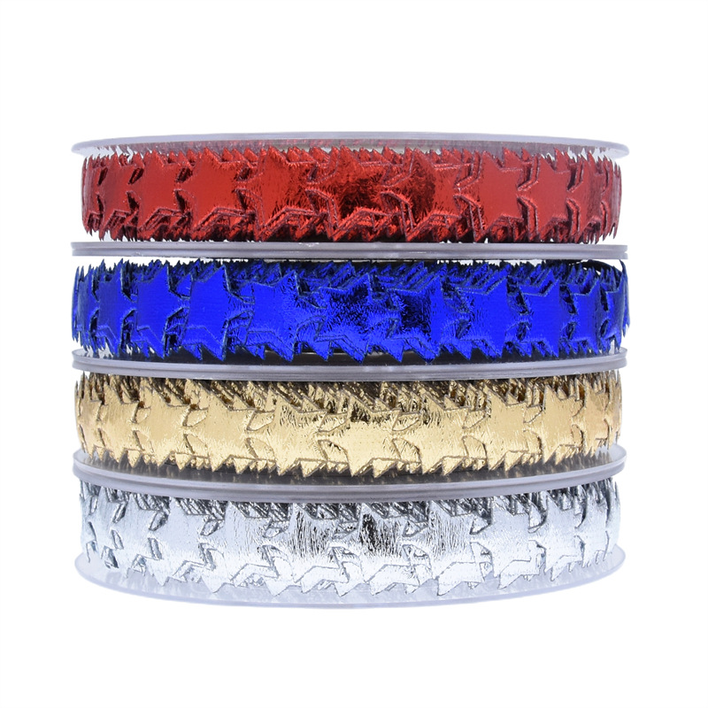 Cross-border Hot Sale Ultrasonic Embossed Gold and Silver Ribbon Christmas Decoration Bright Five-pointed Star Printing Ribbon Accessories