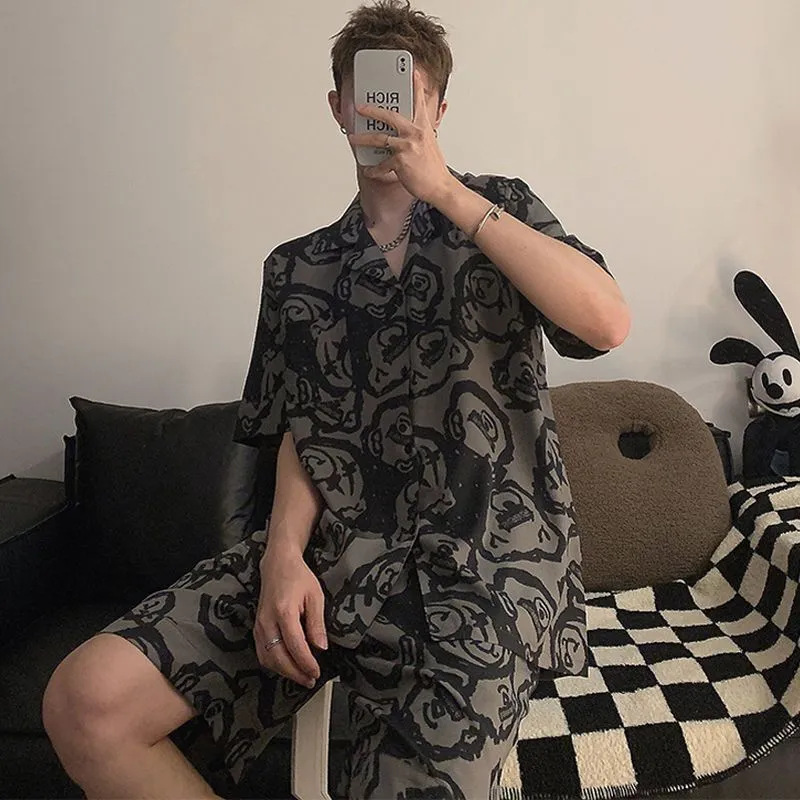 Men's Pajamas Summer Ice Silk Short-sleeved Thin Outer-Wearing High-end Summer Silk Simulation Large-size Home Suit