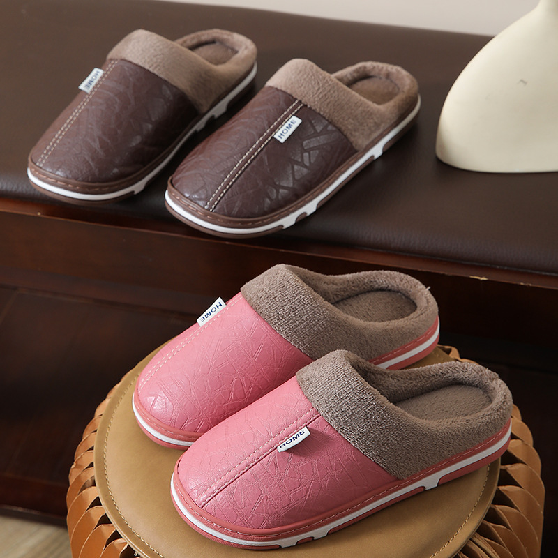 Cotton slippers Women's Home flat heel couple's men's and women's slippers cotton shoes indoor plus size PU warm thick bottom plush autumn and winter