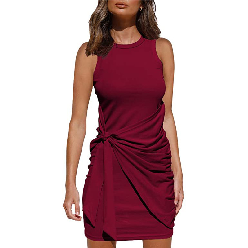 New 2021 European and American Amazon Hot Sleeveless Crewneck Pleated Bow Belt Irregular Dress