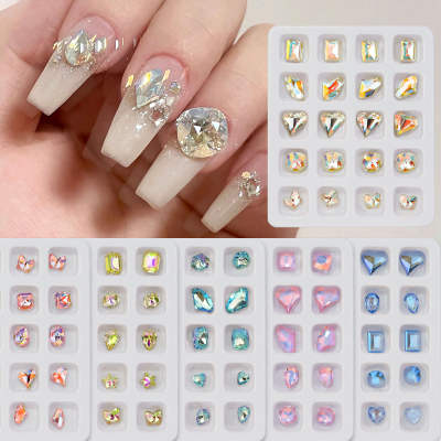 Manicure K9 high-end manicure glass Diamond crooked heart fat square light pink blue genuine goods crystal diamond high transparent flash manicure jewelry