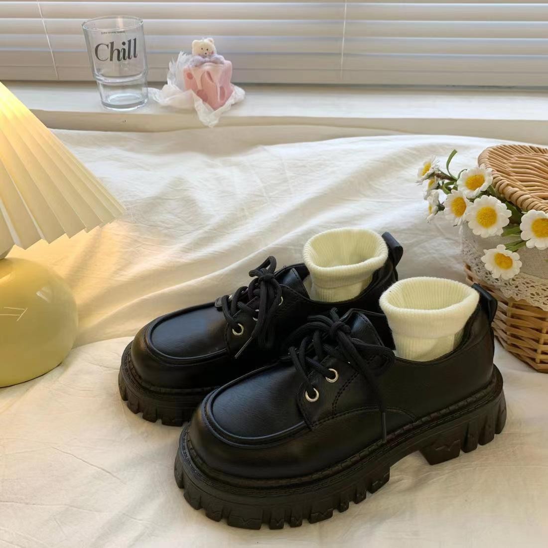 British style leather shoes for women new spring and autumn thick bottom versatile jk single-layer shoes with skirt loafers retro black lace-up