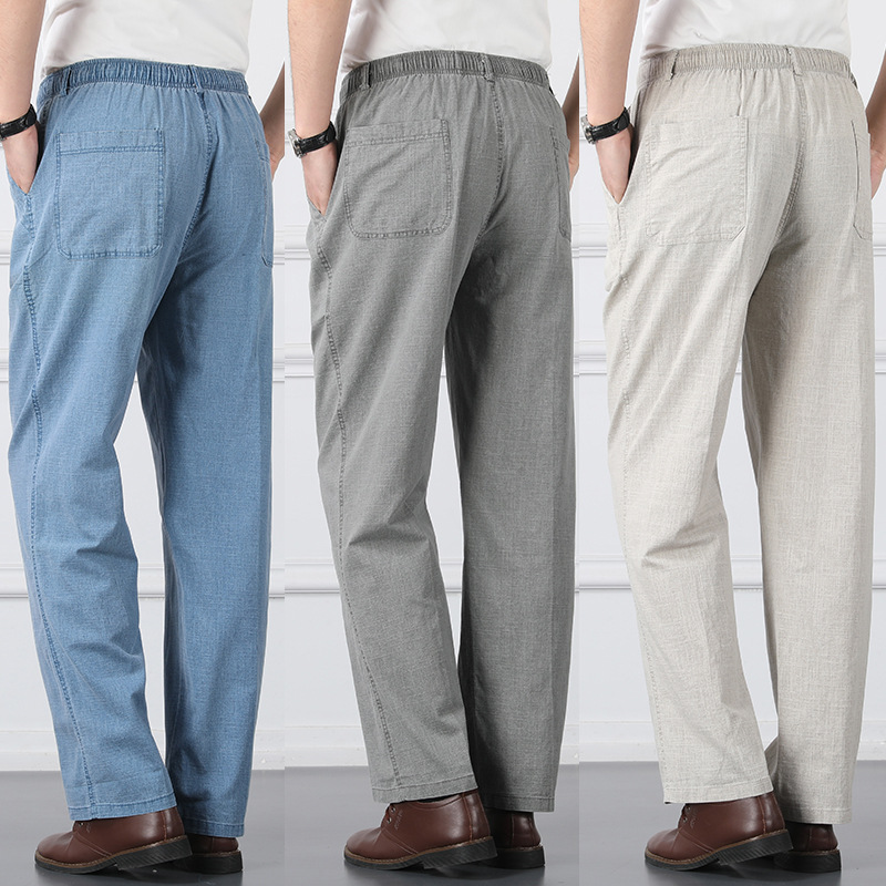 Linen Casual Pants Men's High Waist and Deep Crotch Loose Middle-aged Men's Pants for Elderly Men's Pants with Elasticated Waist Cotton Linen Summer Thin Dad's Pants