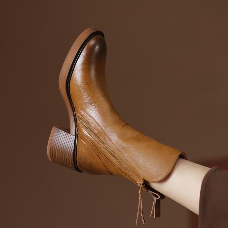23 Autumn New genuine leather thick bottom round toe brushed double zipper Martin boots Women's thick heel platform Brown retro short boots