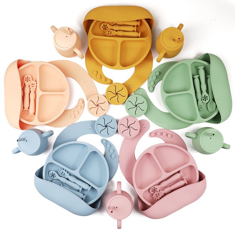 Explosive Silicone Tableware suit Children's Dinner Plate Partition Plate Baby Bib Supplemental Spoon Baby Maternal and Infant Supplies suit
