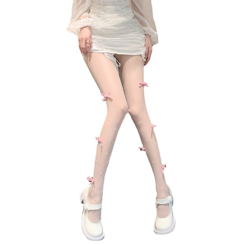 Sweet and Pure Bow Silk Stockings White Lolita Pantyhose Pearl Socks Women's Spring and Summer Ultra-thin Arbitrary Cut