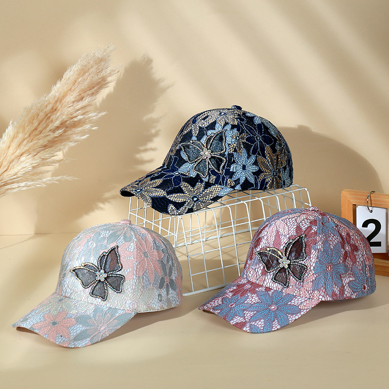 New lace thin hat women's breathable sun protection rhinestone butterfly baseball cap street fashion all-match trendy peaked cap