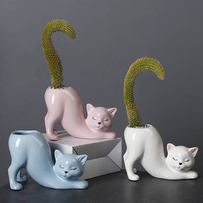 Creative cute cat tail column flower pot ceramic cross-border cartoon animal creative succulent monkey tail column cactus flower device