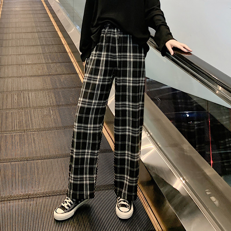 Black and White Plaid Pants Women's Spring and Autumn New High Waist Loose Straight Tube Draping Internet Popular Casual Floor Mopping Pants Wide Leg Pants