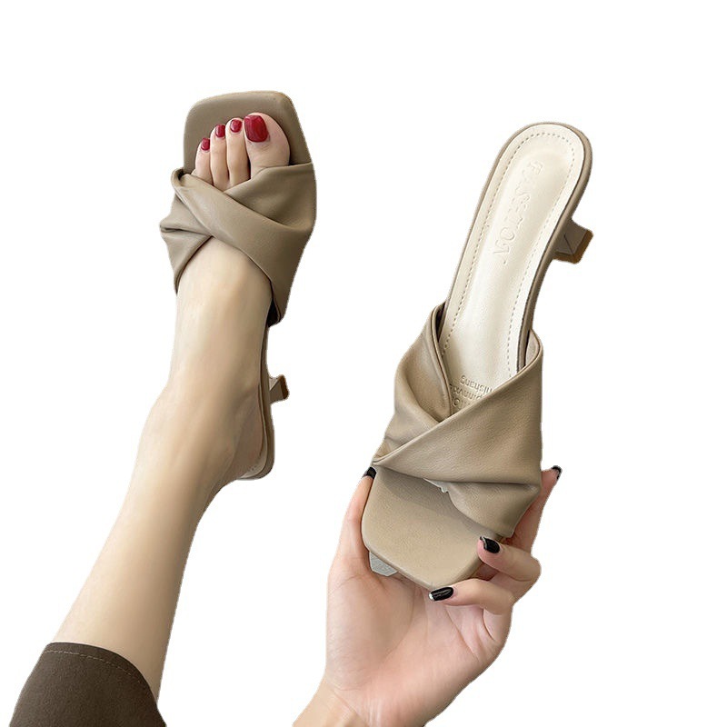 2022 Summer New Style Simple High Heel Slide Sandals Cat Heel High Heel Shoes French Style Women's Outer Wear Half Slippers