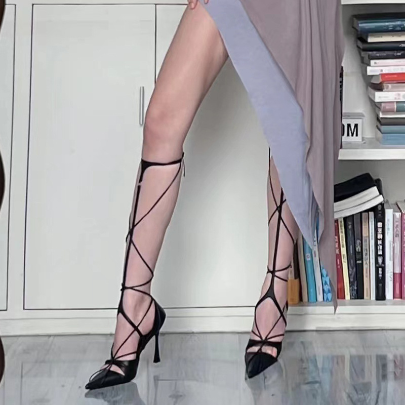 2023 Summer New Pointed Thick Heel Sexy Sandals Women Cross Strap Roman All-match Buckle High Heels Women