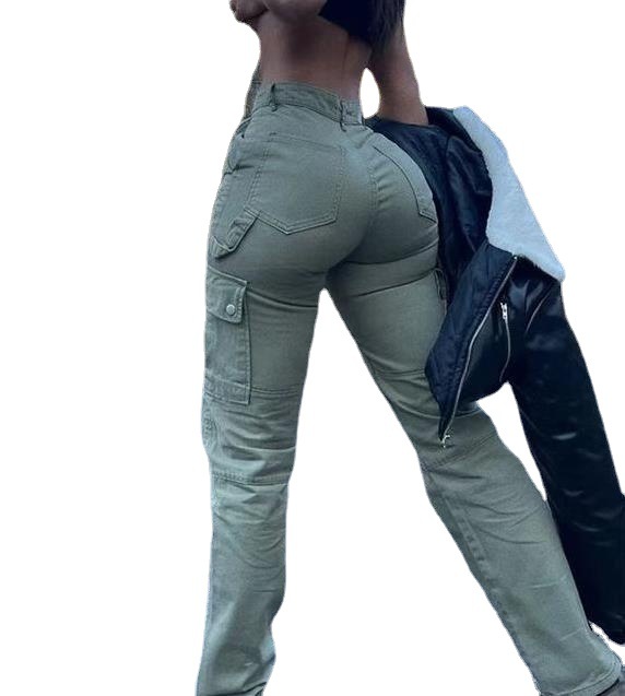 High-quality European and American cross-border new hip trousers high waist multi-pocket tooling fashion stretch trendy street fashion