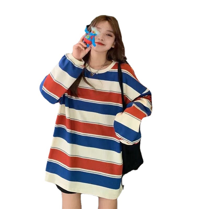Thailand online celebrity T-shirt women's ins rainbow striped long-sleeved top 2020 Autumn Korean style loose foreign trade bottoming shirt
