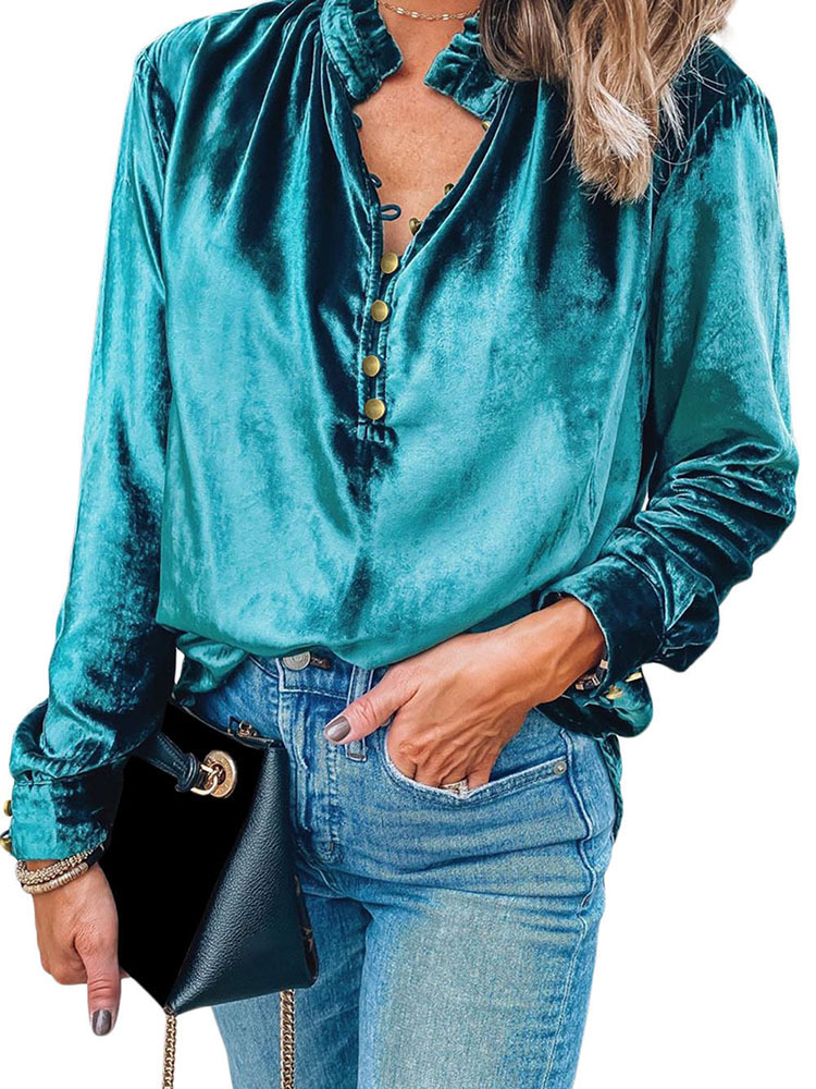 Fall 2024 new pure color velvet chiffon shirt for women European and American thin deep V-neck button long sleeve top for women