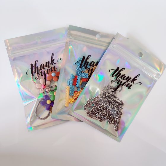 In stock thankyou laser packaging bag ziplock bag data cable Yin Yang bag plastic bag Rainbow Magic color jewelry bag
