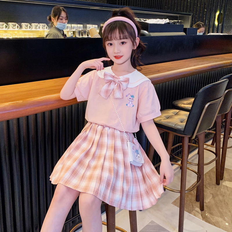 女童短袖套裝中大童韓版網紅女孩JK百褶公主裙夏裝時髦兩件套童裝