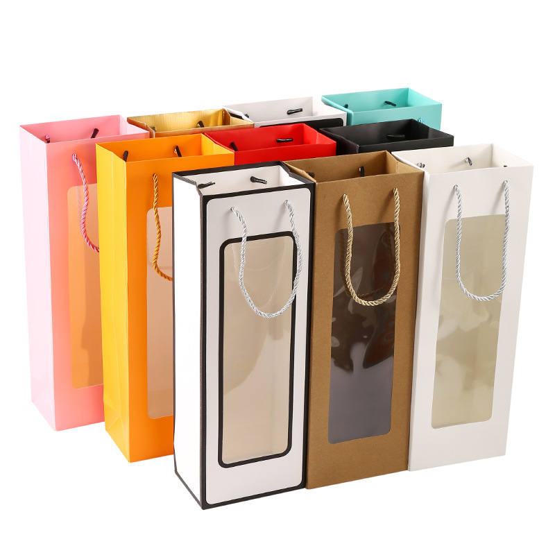 In stock discount red wine bag paper bag long handbag open window transparent PVC gift bag flower bouquet packaging bag