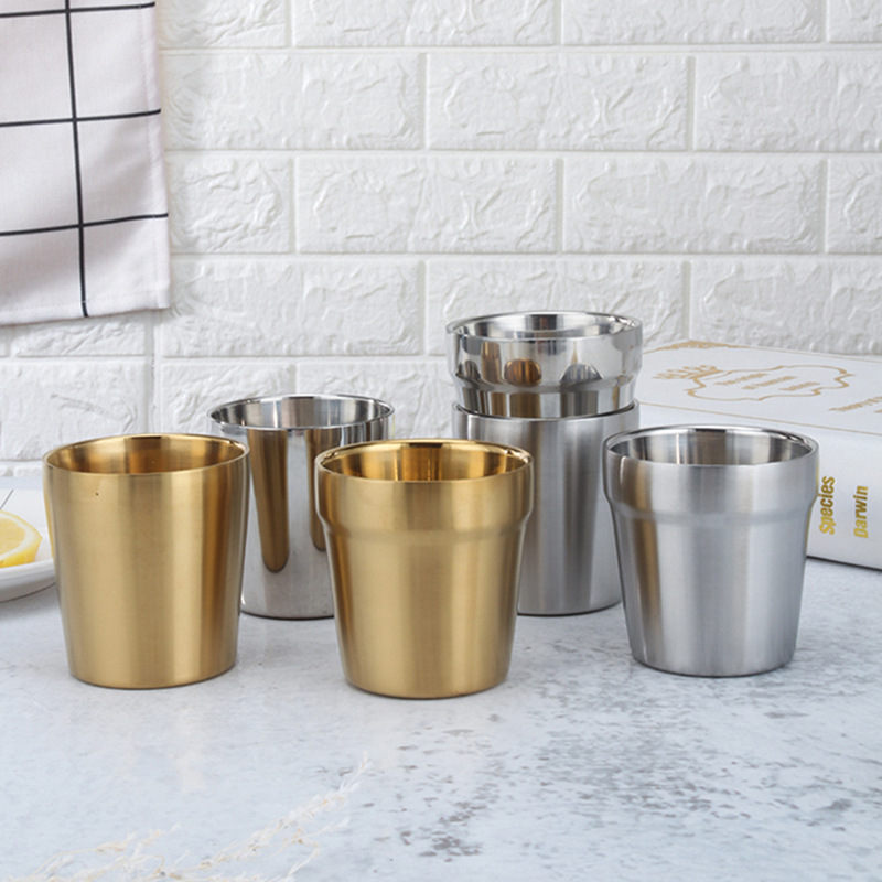 Korean 304 stainless steel double-layer golden water cup barbecue restaurant beer cup tea cup beverage cup custom logo