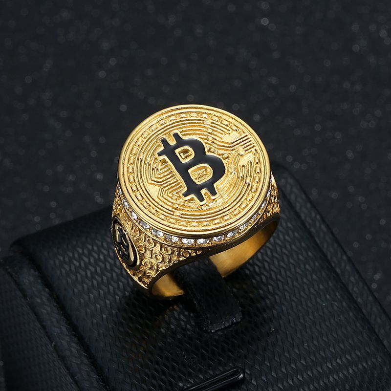 歐美跨境新款嘻哈指環 鈦鋼鍍金鑲鑽B字母比特幣HIPHOP男士戒指