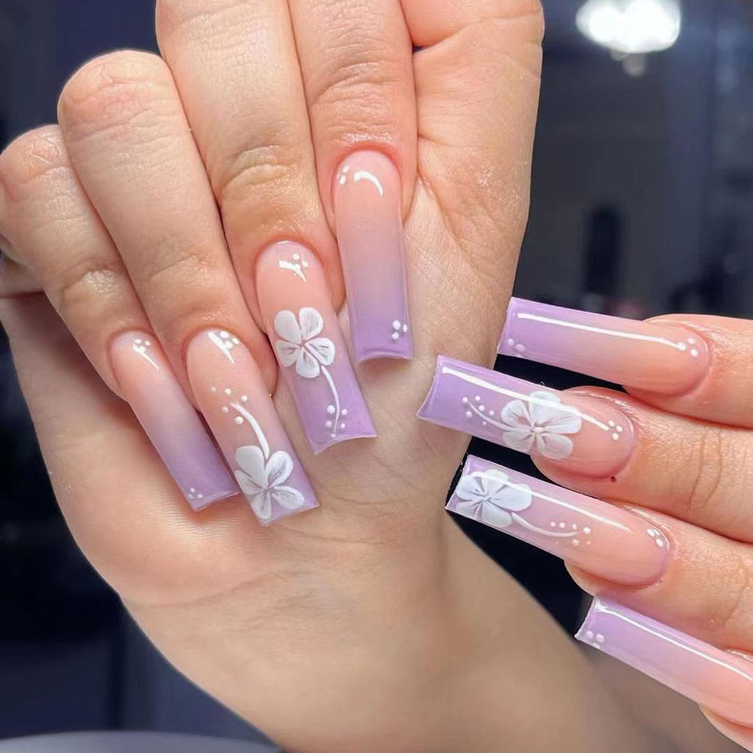 長款歐美穿戴甲假指甲貼片ins網紅同款漸變紫美甲成品批發nails