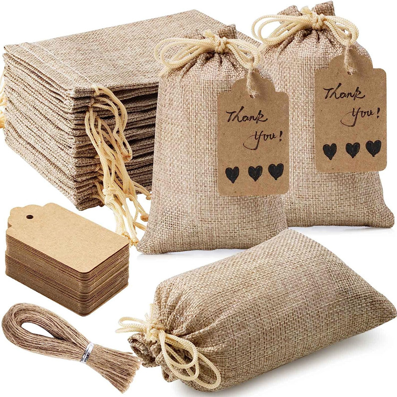 Cross-border 30PCs linen bundle pocket wedding party gift bag Christmas jewelry bag DIY linen bag in stock