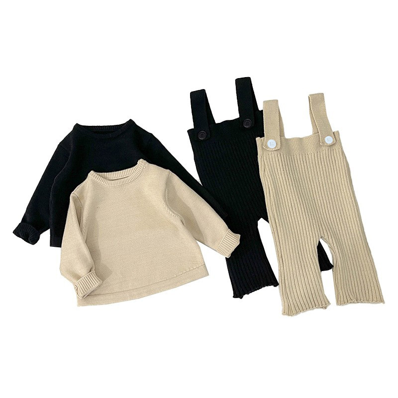 Luoxi Korean-style Fall/Winter All-match Solid Color Knitted Pants Girls' Casual Pit-strap Suit Baby's Western-style Pants