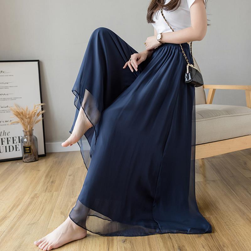 Real Shot Chiffon Wide Leg Pants Women's 2023 Summer New Elegant Large Size Mercerized Chiffon Lined Wide Leg Culottes