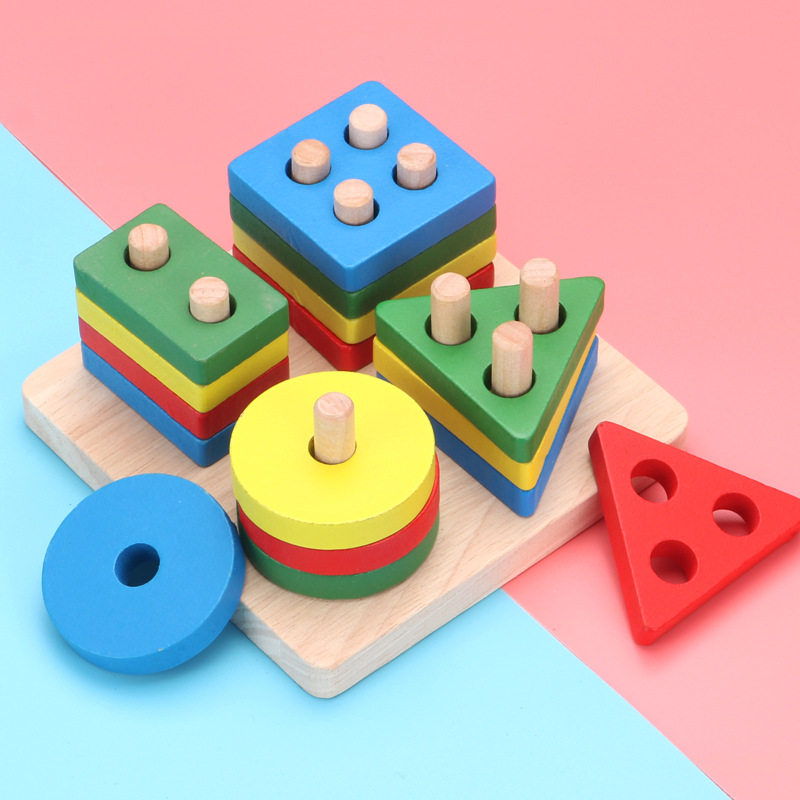 Children's geometric shape matching intelligence development four sets of column building blocks Montessori teaching aids 1-3 years old wooden educational toys