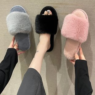 Amazon slippers winter big fur solid color fashion slippers cotton shoes indoor warm home plush slippers women's foreign trade