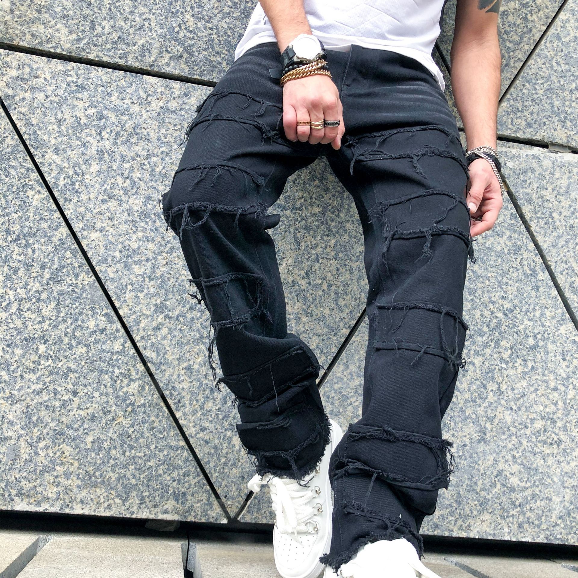 2023 cross-border foreign trade retro casual jeans men's American-style black loose trousers high street wide-leg pants self-shot picture