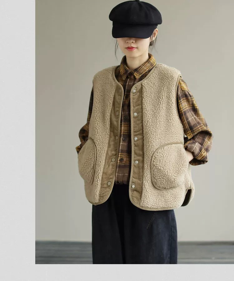 Gilet in pelliccia di agnello bifacciale per donna autunno e inverno Nuovo gilet retrò artistico ampio in velluto a coste cappotto positivo e negativo cappotto imbottito in cotone_voghion.com