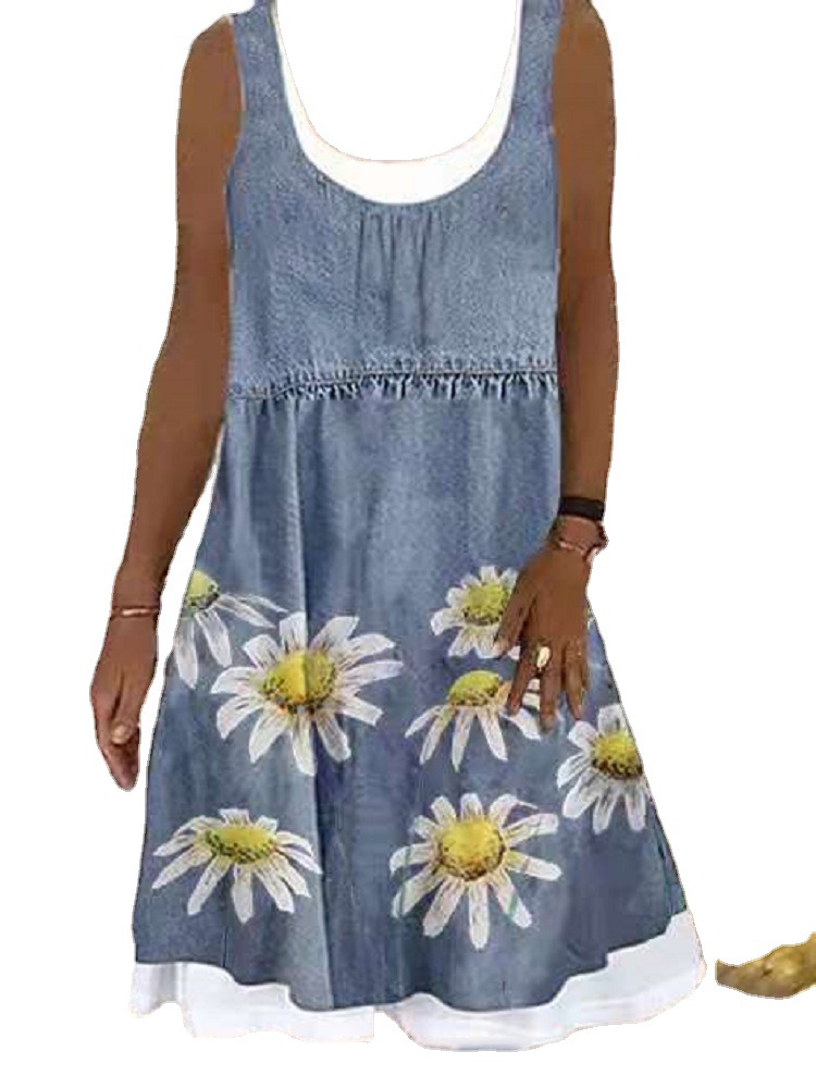 Europe and the United States cross-border Amazon foreign trade Women's loose fashion digital printing fake two-piece imitation denim dress women