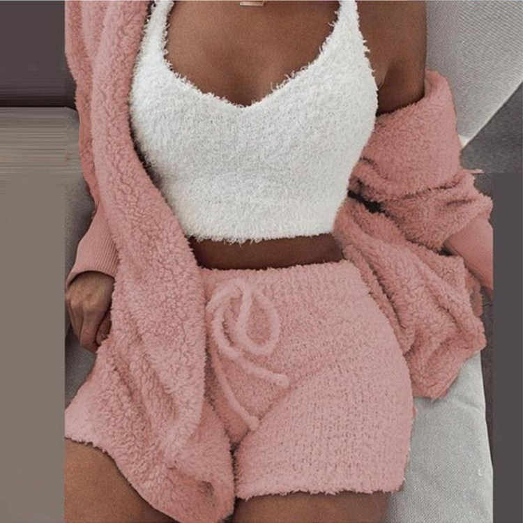 in stock Cross-border Women's Clothing Europe and America 2022 Autumn and Winter Plush Home Clothes Casual Three-piece Jacket Long-sleeved Navel Vest