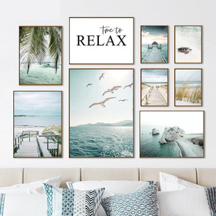 Cross-border Beach marine decorative painting landscape poster wall art hanging painting coconut tree AliExpress mural B & B hotel painting