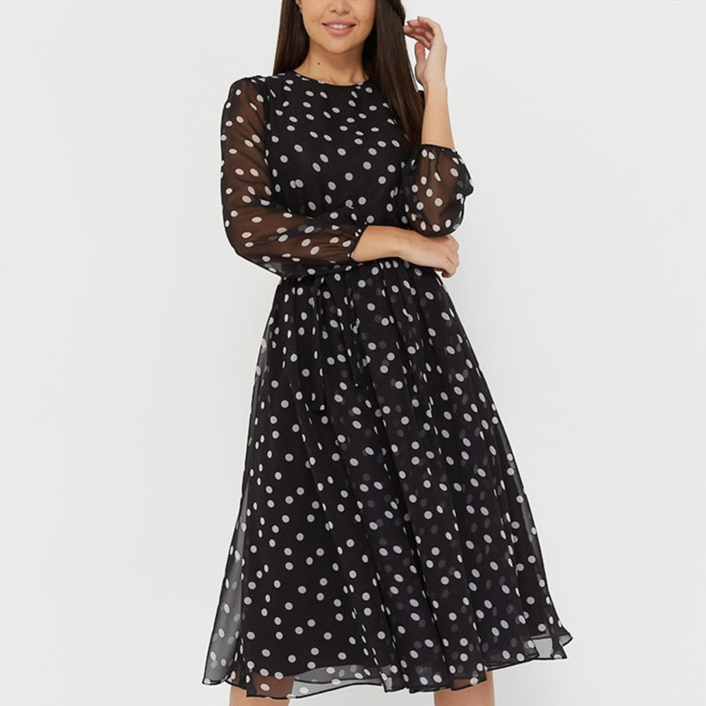 Amazon AliExpress 2023 Spring/Summer chiffon dress long sleeve Brown black polka dot lace printed dress