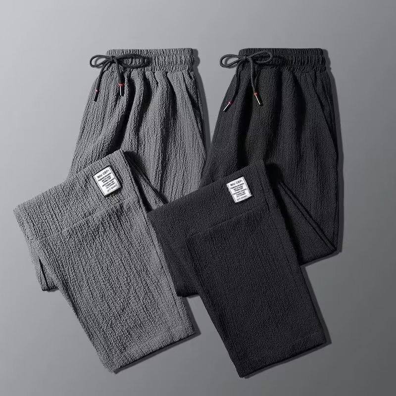Summer Ice Silk New Linen Thin Casual Pants Men's Straight Label Korean Style Loose Large Size Sports Ankle-length Pants