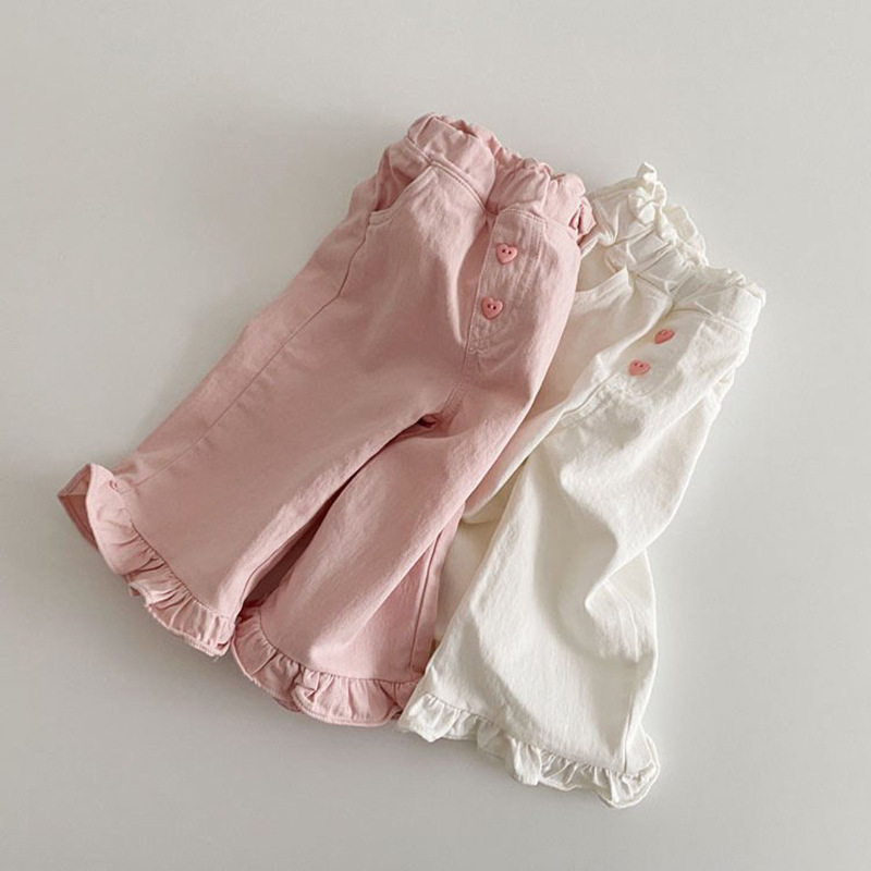 Girls' Pants 2023 New Spring Clothing Baby Girl Vintage Wood-ear Casual Lace Wide Leg Pants Children's Trendy Pants