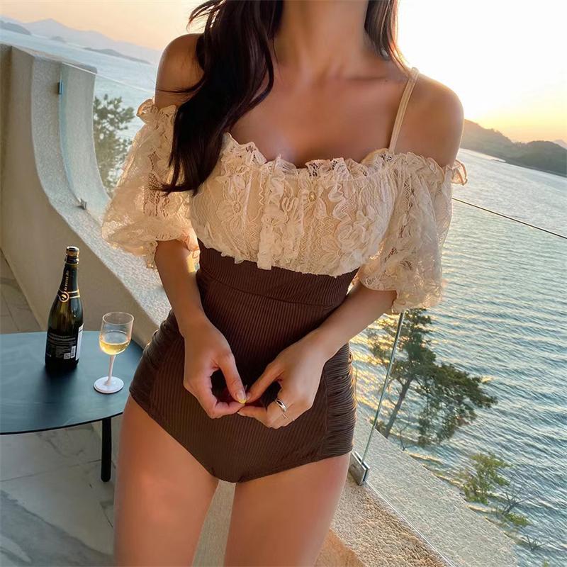 Swimsuit Women's New Off-Shoulder One-Piece High Waist Slim-Fit Slimming Conservative Belly Covering Small Chest Gathered Beach Hot Spring Swimsuit