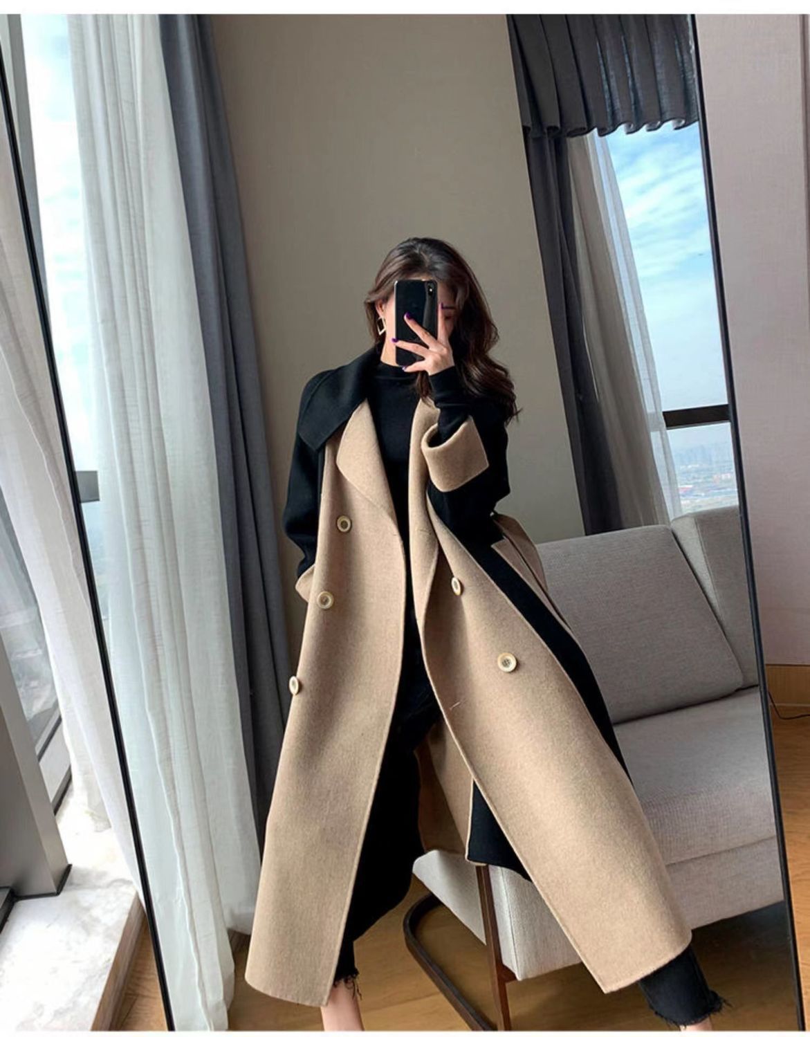 Uldfrakke Dame lang 2023 vinter Ny dobbeltsidet fleece uld farveblok Elegant Hepburn stil slankende frakke_voghion.com
