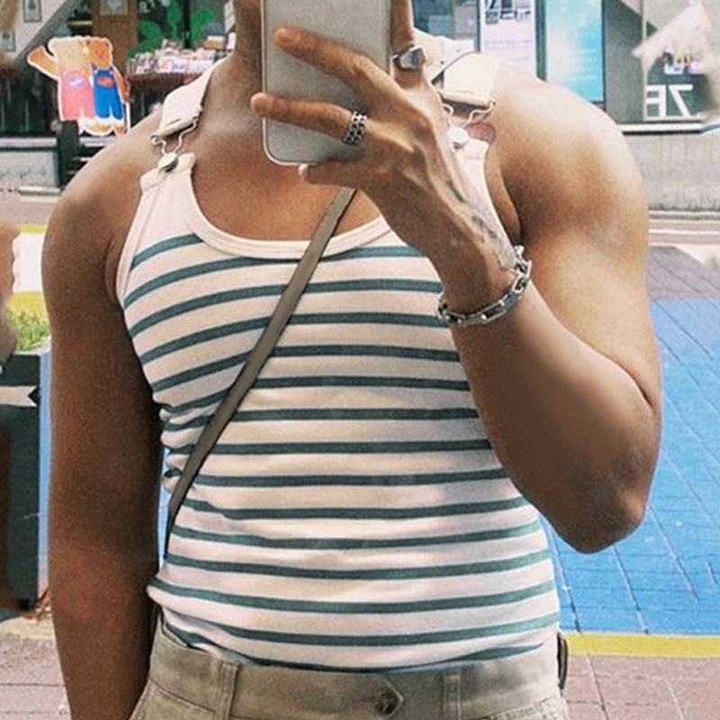 Cross-border in stock new striped men's vest European and American elastic slim T-shirt fashion metal button camisole