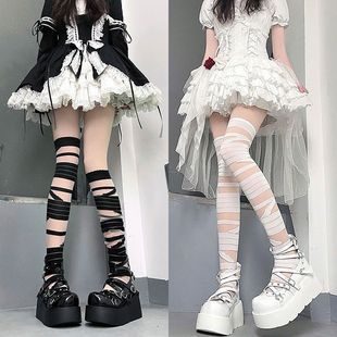 Japanese Lolita Black and White Bandage Long Tube Silk JK Uniform Cross Strap Long Tube Over-the-Knee Stockings