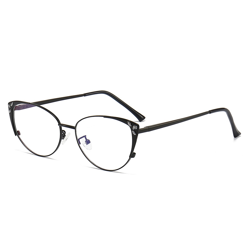新款欧美猫眼镜框金属素颜眼网红女款镶钻弹弓镜脚防蓝光平光镜