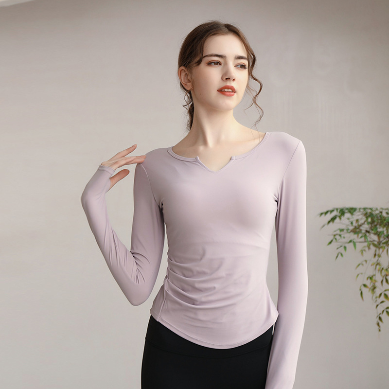V-Neck Long-Sleeved Yoga Clothes Top Women's Summer Quick-Dry Sports Dance Fitness Clothes with Chest Pad Long Slim T-Shirt