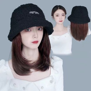 Wig Hat One-piece Lamb Wool Fisherman Hat Mid-long Hair Inner Buckle Wig Autumn and Winter Fashion Full Head Cover Basin Hat All-match